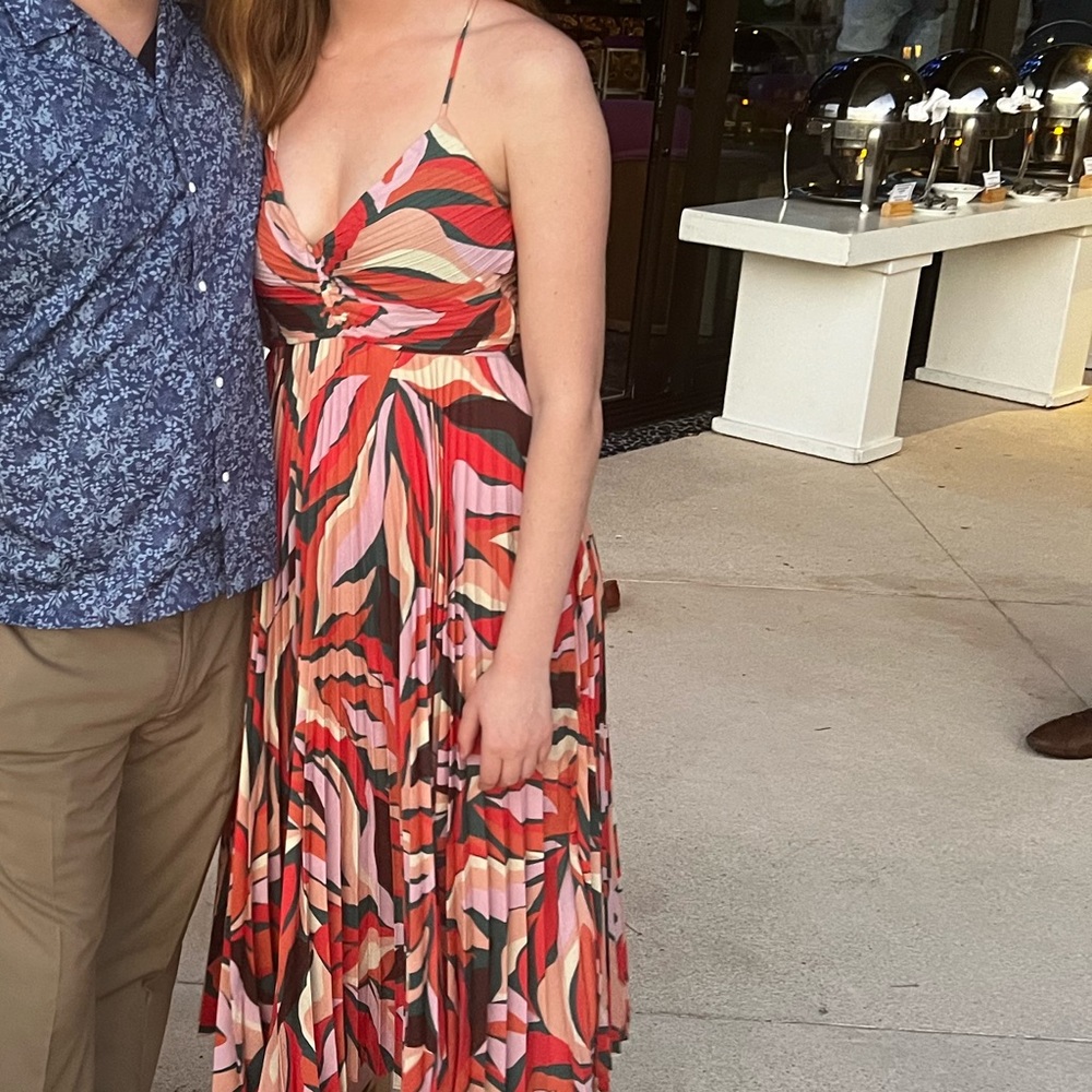 COPY - ASTR the label Blythe midi dress. Red pink and green, partially open back